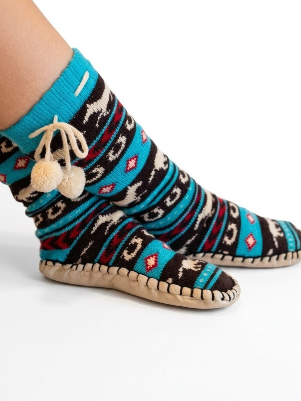 LAZY ONE Aztec Horse Pom-Pom Slipper Socks in Turquoise, Black and Cream L/XL